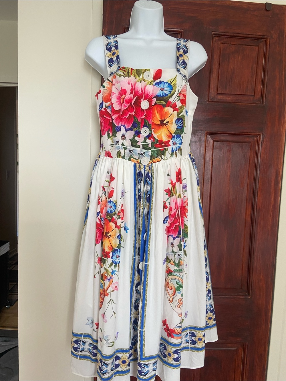 White Floral Midi Dress with Blue Trim